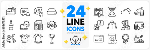 Icons set of English, Interview and Eco bike line icons pack for app with Growth chart, Payment method, Market seller thin outline icon. Card, Bribe, Scotch bottle pictogram. Time. Vector