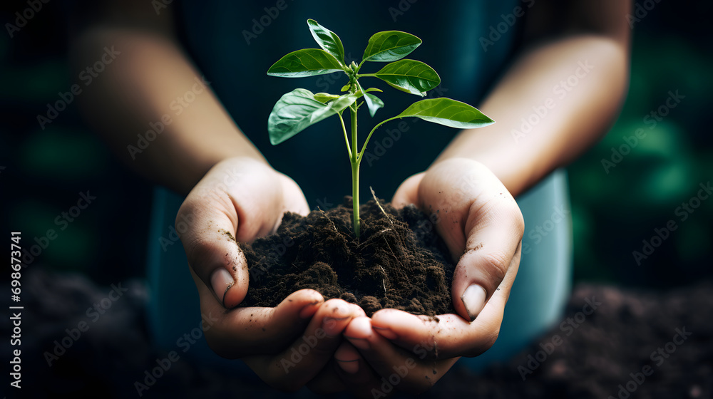 Hands Nurturing Young Plant Growth, Symbolizing Sustainability and Environment Care Hands Nurturing Young Plant Growth, Symbolizing Sustainability and Environment Care
