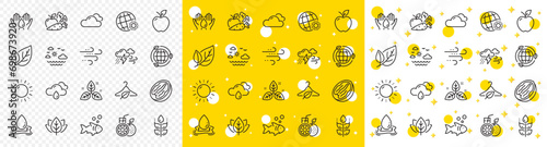 Outline Windy weather, Slow fashion and Gluten free line icons pack for web with Bad weather, Leaf, Eco energy line icon. Sun energy, Fish, Apple pictogram icon. Fair trade, Orange juice. Vector photo