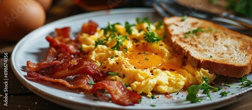 Scrambled egg and bacon on a plate with bread toast. photo