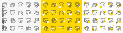 Money transfer, Credit card payment, Withdraw funds icons. Wallet line icons. Cash purse, Fingerprint access and online Wallet. Money commerce, Deposit transfer and Calculate cash budget. Vector
