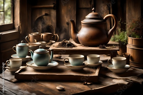 A vintage, weathered wooden table adorned with an antique teapot, cups, and saucers filled with steaming tea, creating a rustic yet inviting scene