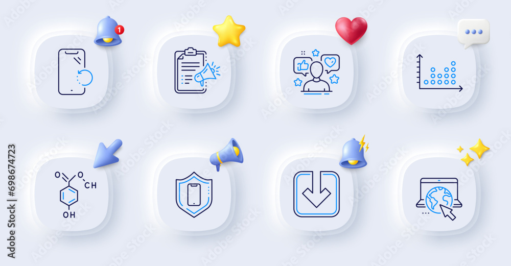 Chemical formula, Influence and Load document line icons. Buttons with 3d bell, chat speech, cursor. Pack of Smartphone recovery, Smartphone protection, Dot plot icon. Vector Chemical formula, Influence and Load document line icons. Buttons with 3d bell, chat speech, cursor. Pack of Smartphone recovery, Smartphone protection, Dot plot icon. Vector