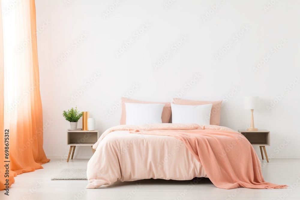 Naklejka premium Bedroom in the trending color of 2024. Peach tones. Bedroom design.