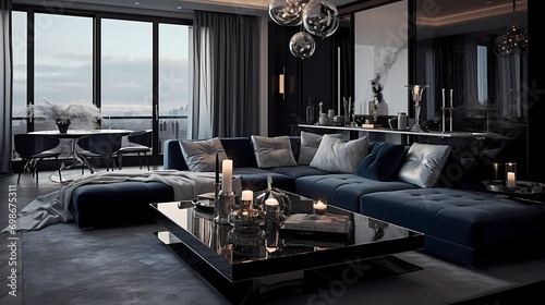 A chic living space featuring a navy blue velvet sectional sofa, a marble-topped coffee table, and metallic accents throughout, exuding a luxurious yet inviting ambiance.