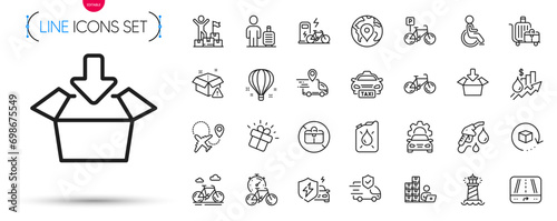 Pack of Car charging, Bicycle and Return package line icons. Include Air balloon, Delivery warning, Baggage cart pictogram icons. Lighthouse, Taxi, Inventory signs. Get box, Gift. Vector