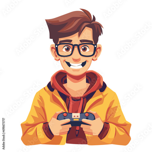 Happy guy gamer with a gamepad on a white background, vector in minimalism