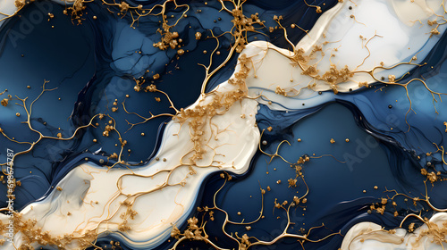 Luxurious navy blue and gold marble seamless texture. Background, wallpaper, ceramic, counter, splash, swirl. Generative AI