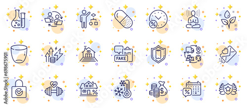 Outline set of Mortgage, Laureate and Glass line icons for web app. Include Capsule pill, Algorithm, Smartphone protection pictogram icons. Plants watering, Loan percent. Circles with 3d stars. Vector