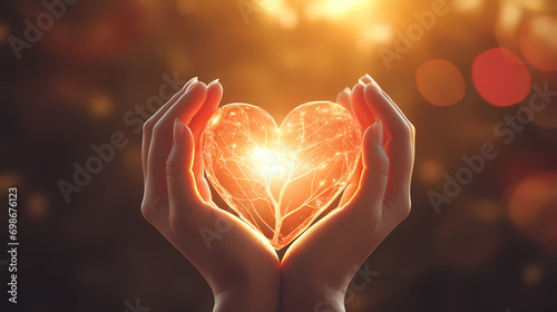 Hands holding lover in shape heart, sunlight background. Love on Valentine's Day or wedding. It expresses your love and care for your partner or someone special to you photo