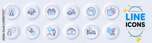 Teamwork, Hold box and Yoga line icons for web app. Pack of Helping hand, Security, Social responsibility pictogram icons. Vr, Court judge, Sleep signs. Do not touch. Neumorphic buttons. Vector