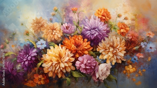 Painting with different colored flowers.