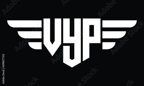 VYP three letter logo, creative wings shape logo design vector template. letter mark, word mark, monogram symbol on black & white. photo
