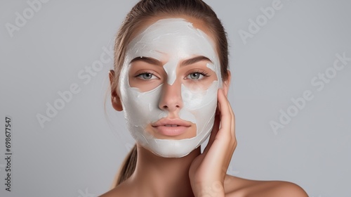 Spa Woman applying Facial clay Mask. Beauty Treatments. Close-up portrait of beautiful girl applying facial mask, generative ai