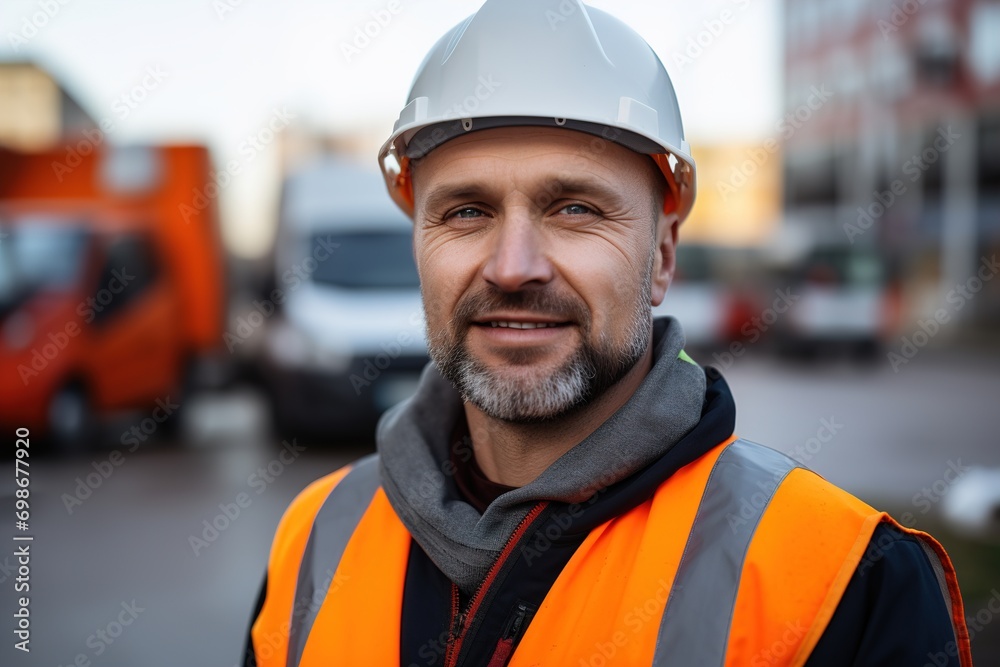A construction site manager in a protective vest and hard hat, reflecting on the construction site. Portrait of a satisfied mixed-race manual laborer or architect. A construction site manager in a protective vest and hard hat, reflecting on the construction site. Portrait of a satisfied mixed-race manual laborer or architect.