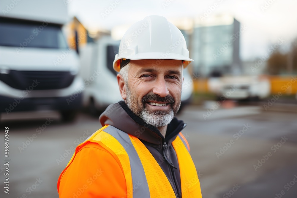 A construction site manager in a protective vest and hard hat, reflecting on the construction site. Portrait of a satisfied mixed-race manual laborer or architect. A construction site manager in a protective vest and hard hat, reflecting on the construction site. Portrait of a satisfied mixed-race manual laborer or architect.