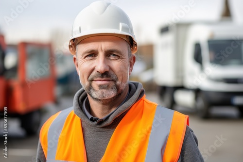 A construction site manager in a protective vest and hard hat, reflecting on the construction site. Portrait of a satisfied mixed-race manual laborer or architect.