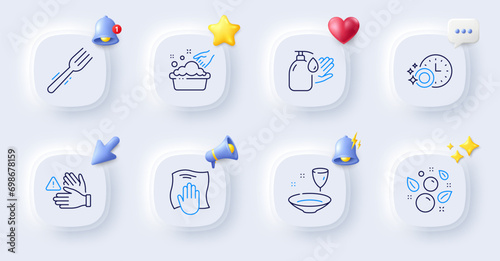 Fork, Clean bubbles and Dishwasher timer line icons. Buttons with 3d bell, chat speech, cursor. Pack of Plate, Hand washing, Dont touch icon. Wash hands, Washing cloth pictogram. Vector