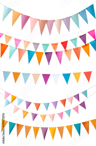Sets of Colourful pennant bunting garland chain on transparent background cutout, PNG file. Mockup template for artwork design. Plain classic collection photo