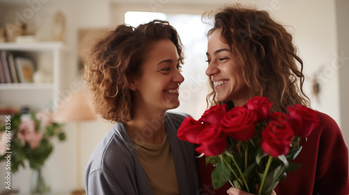 Young  woman lesbian couple in casual home wear giving a bouquet of roses to boyfriend, Valentine's Day, B-Day, Birthday, Wedding concept, generative ai photo