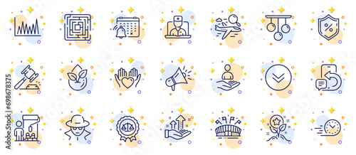 Outline set of Hold heart, Telemedicine and Ceiling lamp line icons for web app. Include Fraud, Painter, Organic product pictogram icons. Justice scales, Notification calendar, Megaphone signs. Vector