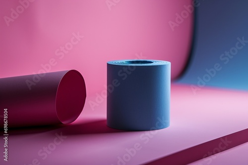A blue and pink roll of paper towels.