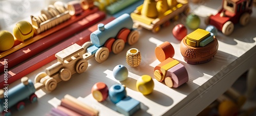 A colorful train set with various toy cars and a small yellow train car.