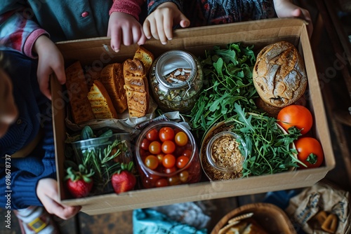 A box filled with various food items, including bread, tomatoes, and greens. photo