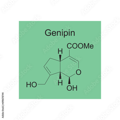 Genipin skeletal structure diagram.Monoterpenoid compound molecule scientific illustration on green background.