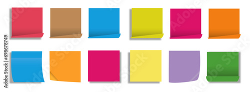 Empty sticky notes set. Blank paper colored square reminders isolated on transparent background. Vector illustration.