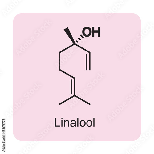 Linalool skeletal structure diagram.Monoterpenoid compound molecule scientific illustration on pink background.