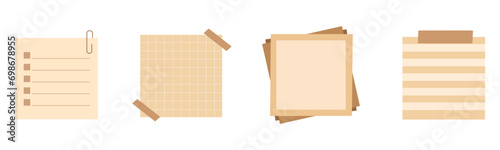 Sticky note set. Post-it collection with adhesive tape. Blank paper reminders isolated on transparent background. Vector illustration.