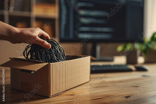 A person holding a box of black cords. photo