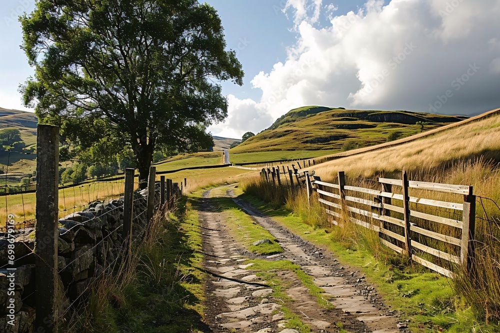 A country road surrounded by a fence and a hillside A country road surrounded by a fence and a hillside