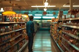 Man in a blue shirt standing in a grocery store aisle