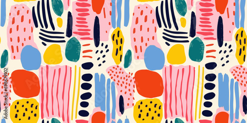 Colorful abstract hand drawn doodle seamless pattern. Creative children drawing background illustration. Contemporary art paint texture print. Simple primary color shape cartoon wallpaper design.