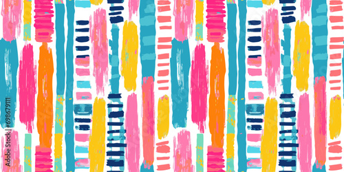 Colorful abstract brush stroke painting seamless pattern illustration. Modern paint line background in fun summer color. Messy graffiti sketch wallpaper print, freehand rough hand drawn texture. photo