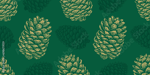 Hand drawn christmas pine cone seamless pattern illustration. Vintage style drawing background for festive xmas celebration event. Holiday nature texture print, december decoration wallpaper.