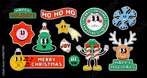 Set of funny vintage christmas cartoon character label on isolated background. Retro sticker patch illustration collection for xmas party celebration. Festive holiday season graphic bundle.