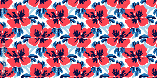 Hand drawn flower art seamless pattern illustration. Tropical hibiscus nature floral background in vintage art style. Spring season painting print.