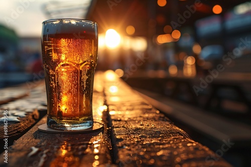 A glass of beer on a wooden table photo