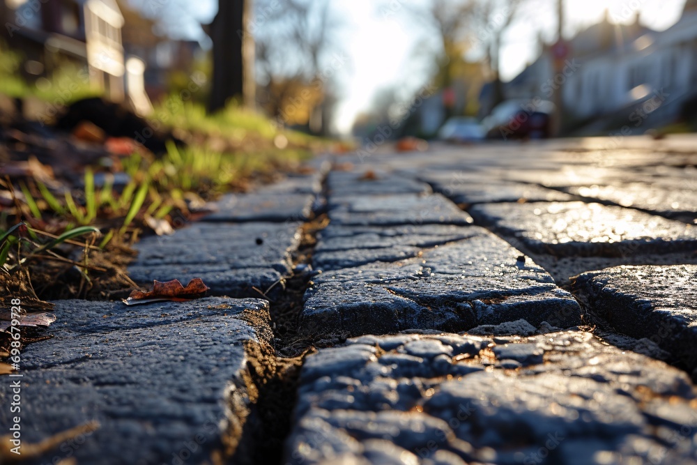 A brick road with a pothole in the middle