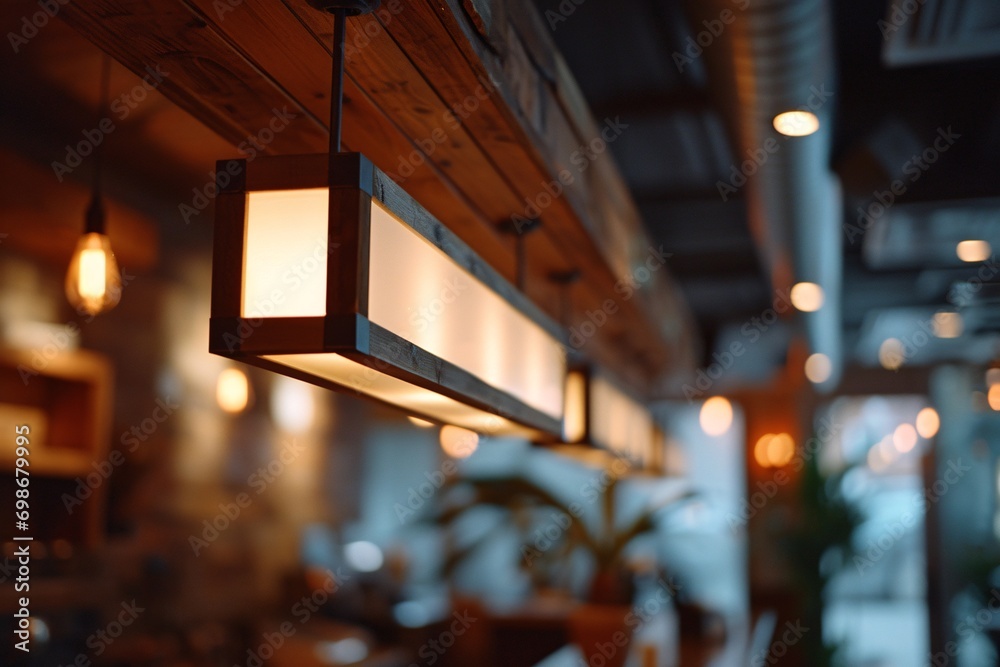 A Rustic Restaurant with Hanging Lights and Wooden Decor