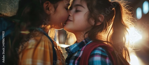 Young girl kisses her mom goodbye and heads to school. photo