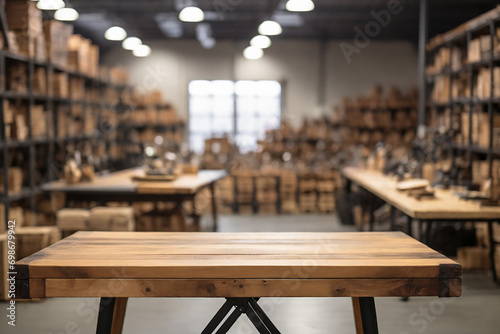 Empty wooden table and blurred warehouse background, product display montage.