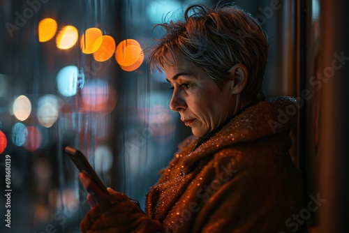 A woman looking at her cell phone in a dark room