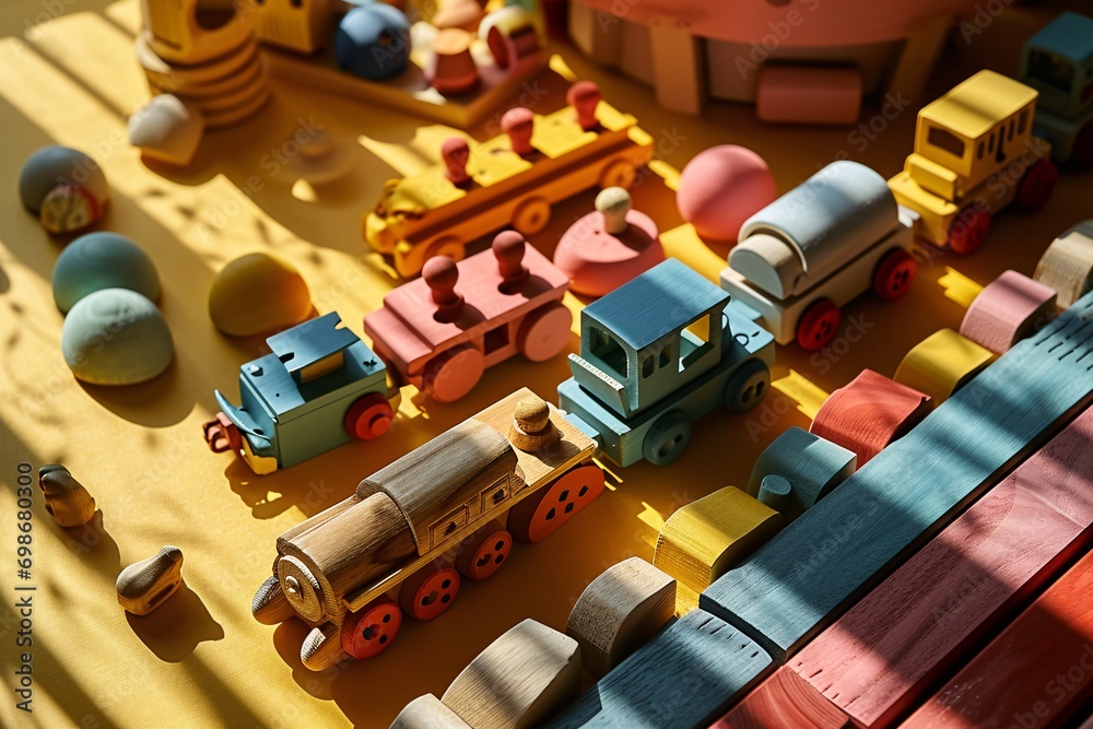 A colorful train set with various train cars and tracks A colorful train set with various train cars and tracks