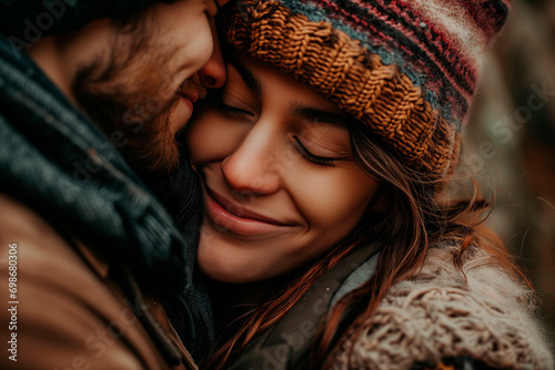  a woman with a winter hat closed her eyes and smiles, a man hugs her from behind, looks at her and smiles, faces in close-up. San Valentin concept photo