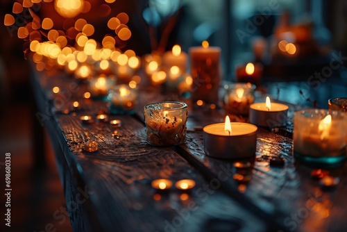 A long wooden table with lit candles and a vase of flowers