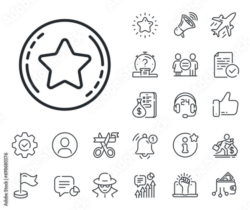 Bonus points. Salaryman, gender equality and alert bell outline icons. Loyalty star line icon. Discount program symbol. Loyalty star line sign. Spy or profile placeholder icon. Vector